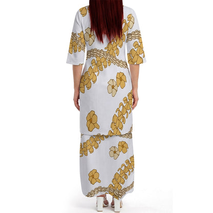 Puakenikeni Pikake Lei Curve Lei Yellow Flower Matching Outfit For Couple Island White Puletasi Dress And Shirt