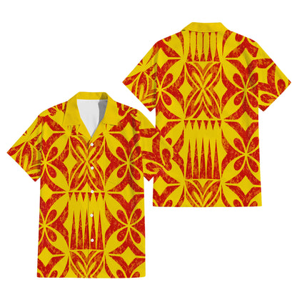 Vintage Polynesian Tribal Pattern Yellow Couple Outfit Matching Island Dress And Hawaiian Shirt For Her Him