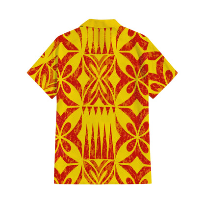 Vintage Polynesian Tribal Pattern Yellow Couple Outfit Matching Island Dress And Hawaiian Shirt For Her Him