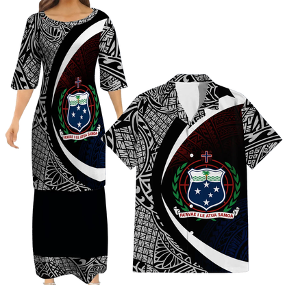 Samoa Coat Of Arms Matching Polynesian Tribal Pattern Curve Style Black Dress And Hawaiian Shirt For Him Her