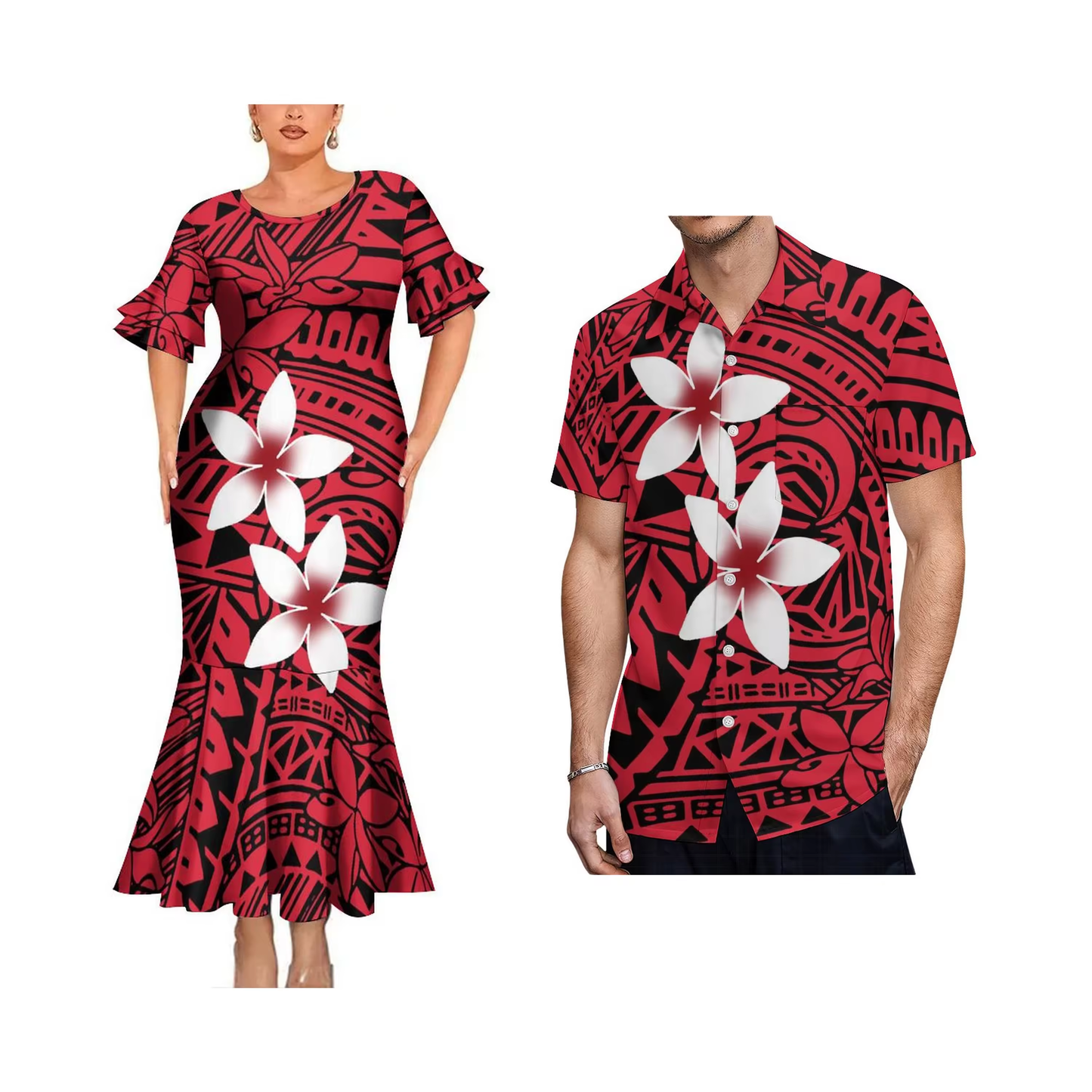 Flowers Polynesian Tribal Pattern Matching Outfit For Couple Bodycon Mermaid Dress and Shirt
