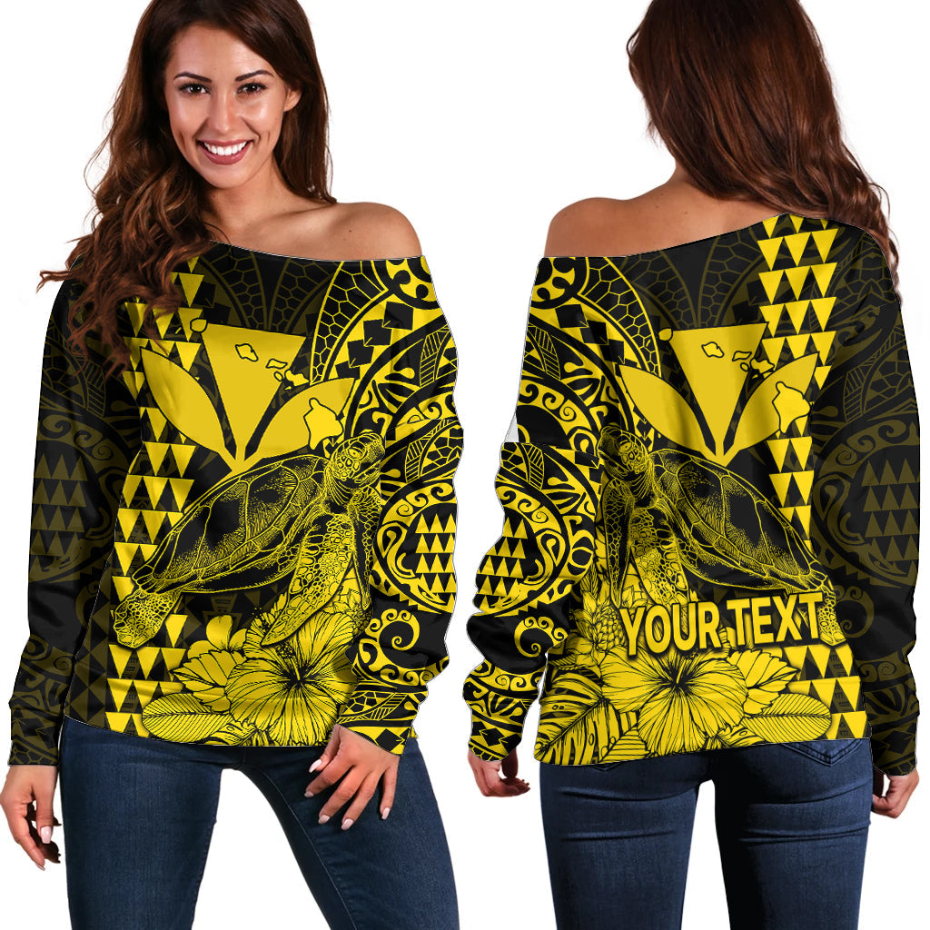 (Custom Personalised) Kakau Polynesian Tribal Hawaiian Turtle with Kanaka Maoli Yellow Off Shoulder Sweater