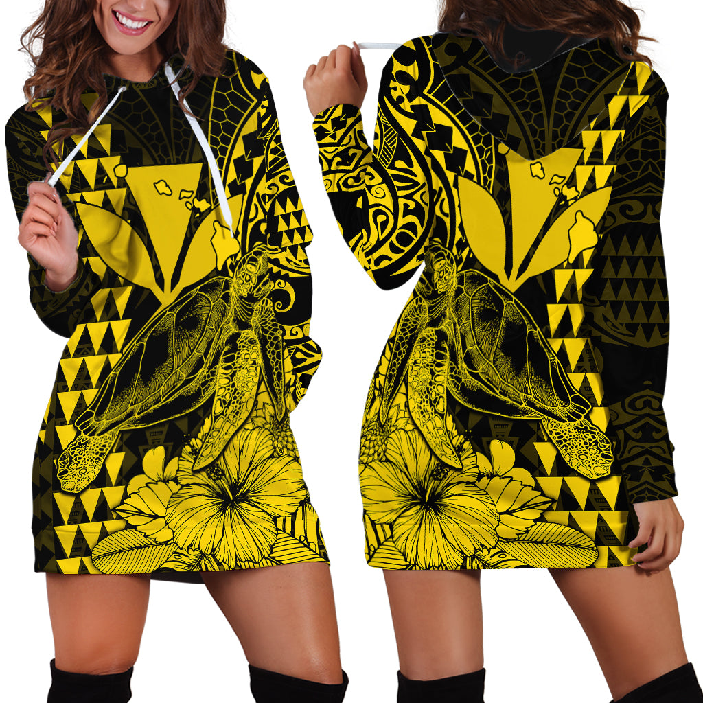 Kakau Polynesian Tribal Hawaiian Turtle with Kanaka Maoli Yellow Hoodie Dress