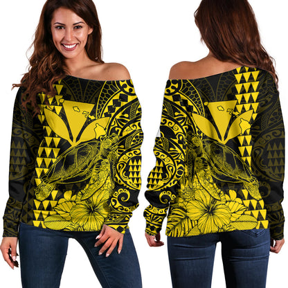 Kakau Polynesian Tribal Hawaiian Turtle with Kanaka Maoli Yellow Off Shoulder Sweater
