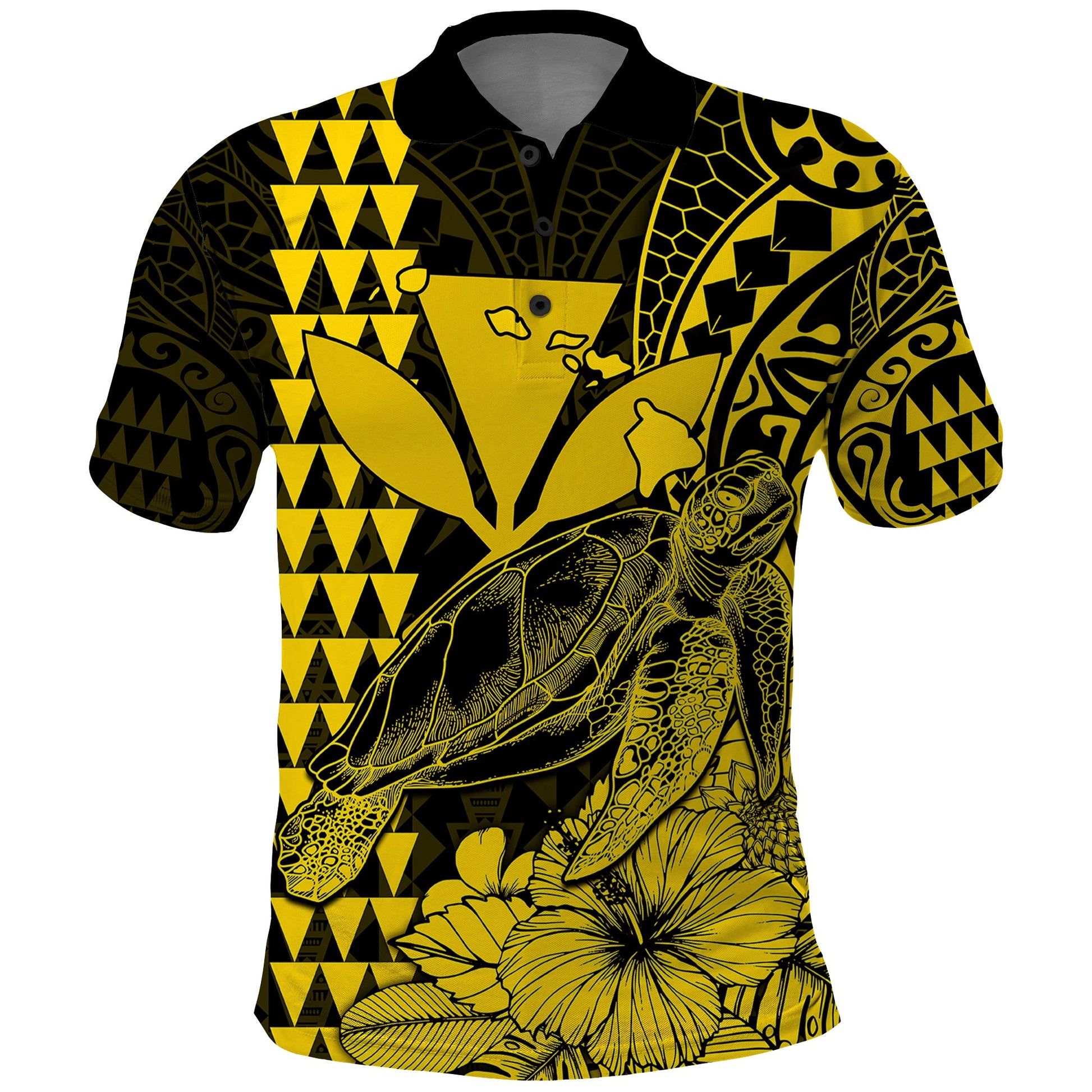 Kakau Polynesian Tribal Hawaiian Turtle with Kanaka Maoli Yellow Polo Shirt