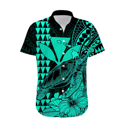 Custom Personalised Kakau Polynesian Tribal Hawaiian Turtle with Kanaka Maoli Turquoise Hawaiian Shirt