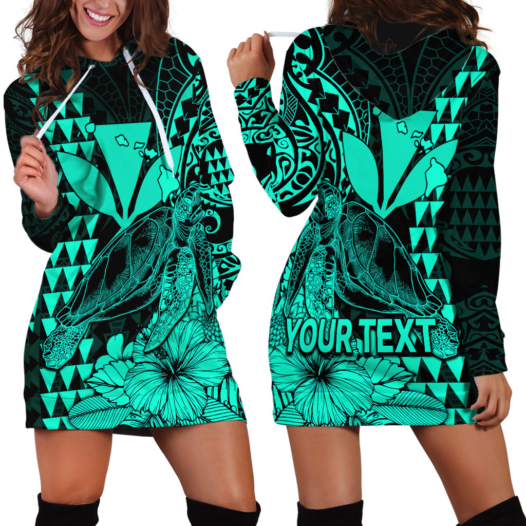 Custom Personalised Kakau Polynesian Tribal Hawaiian Turtle with Kanaka Maoli Turquoise Hoodie Dress