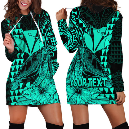 Custom Personalised Kakau Polynesian Tribal Hawaiian Turtle with Kanaka Maoli Turquoise Hoodie Dress