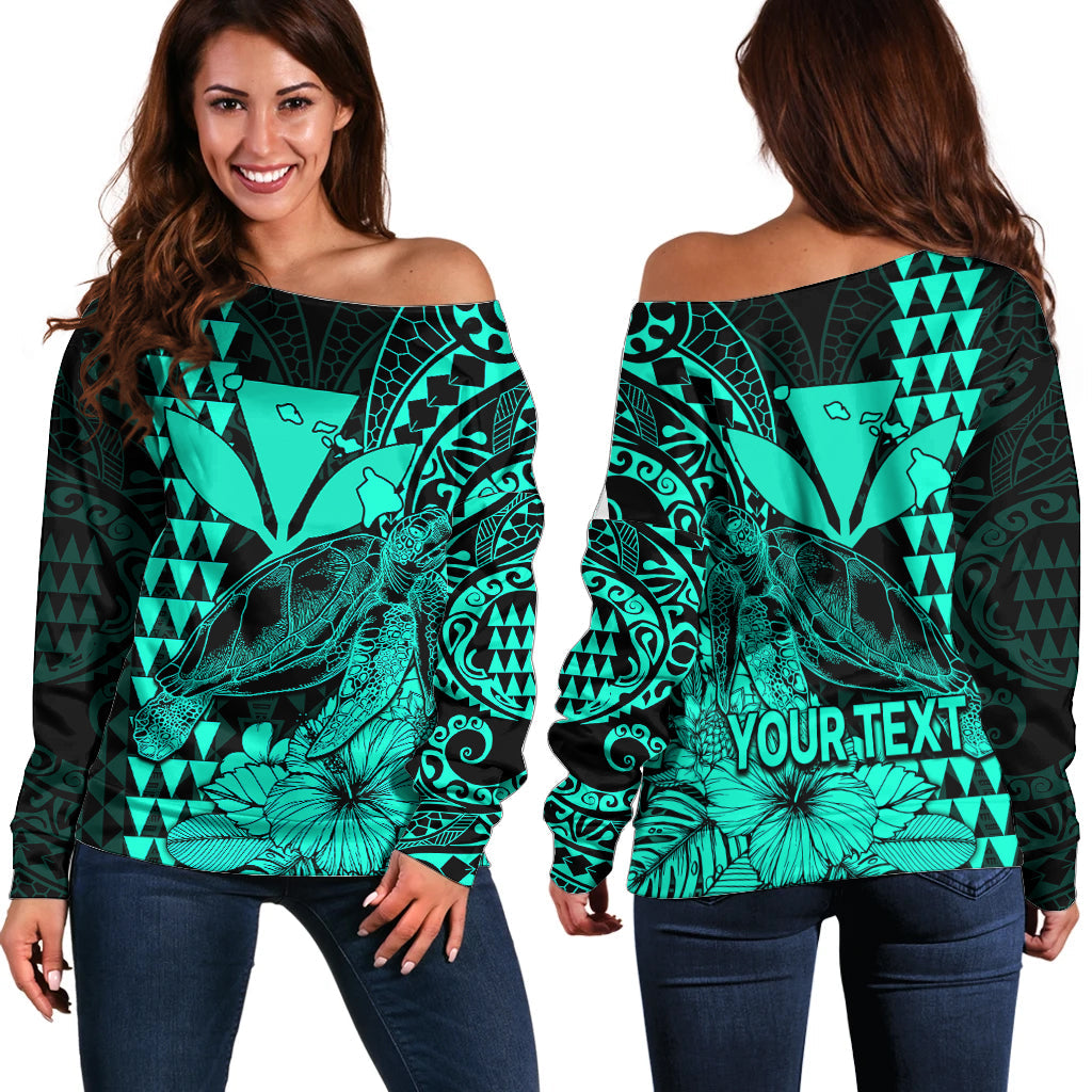 (Custom Personalised) Kakau Polynesian Tribal Hawaiian Turtle with Kanaka Maoli Turquoise Off Shoulder Sweater