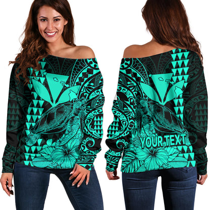(Custom Personalised) Kakau Polynesian Tribal Hawaiian Turtle with Kanaka Maoli Turquoise Off Shoulder Sweater