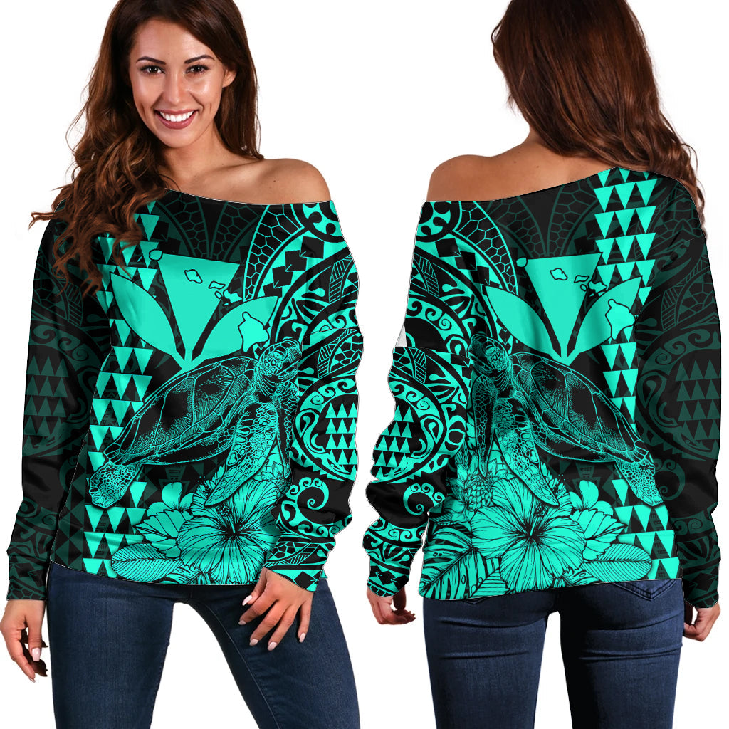Kakau Polynesian Tribal Hawaiian Turtle with Kanaka Maoli Turquoise Off Shoulder Sweater