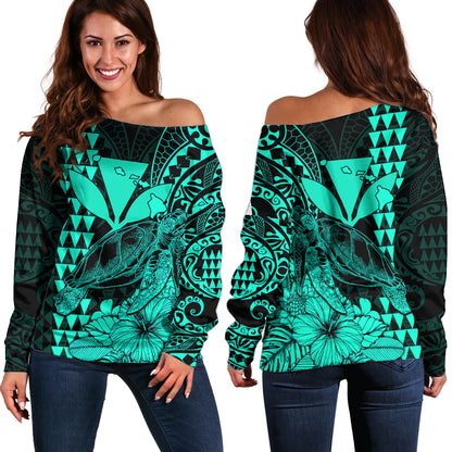 Kakau Polynesian Tribal Hawaiian Turtle with Kanaka Maoli Turquoise Off Shoulder Sweater