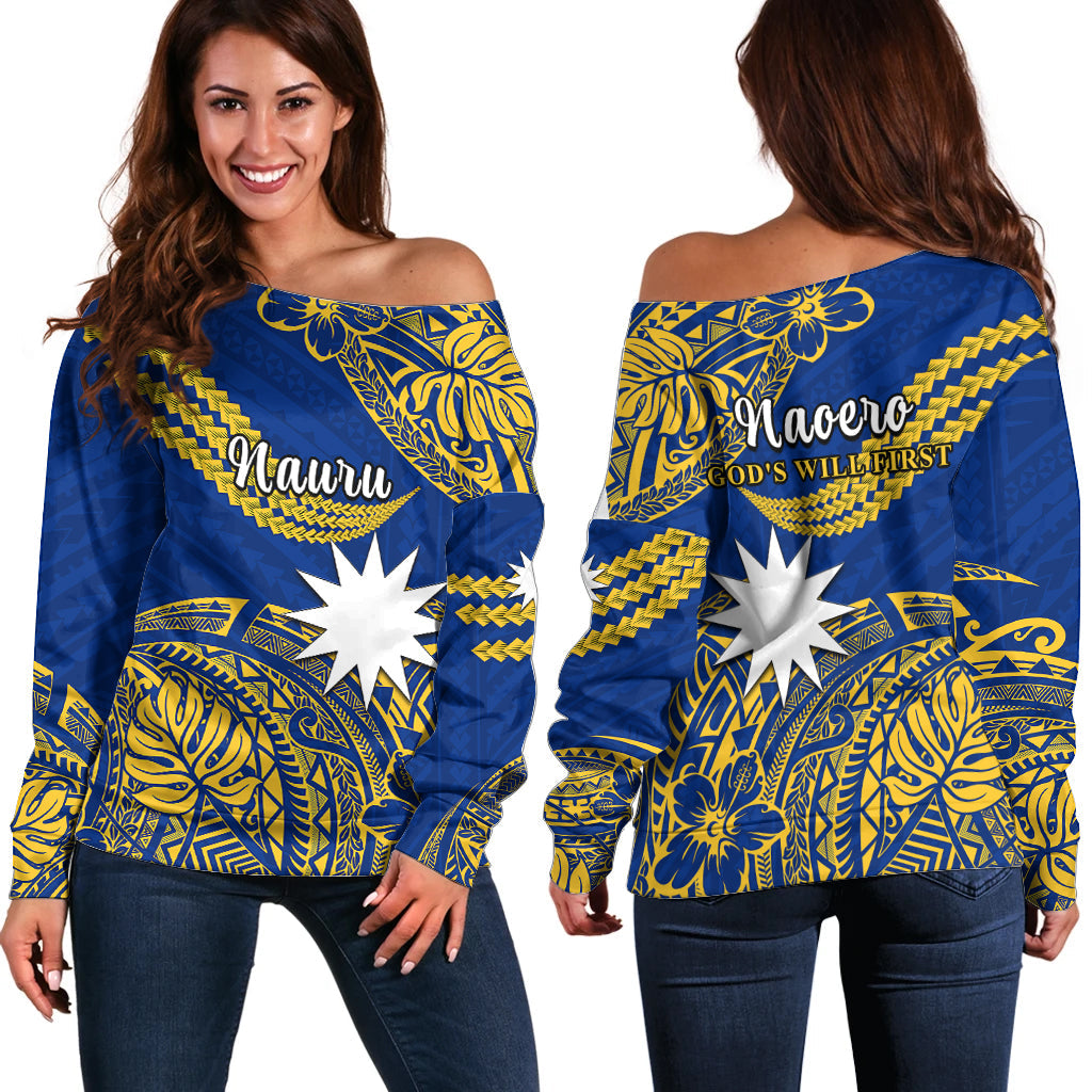 Nauru Polynesian Hibiscus Naoero Flag Color Off Shoulder Sweater