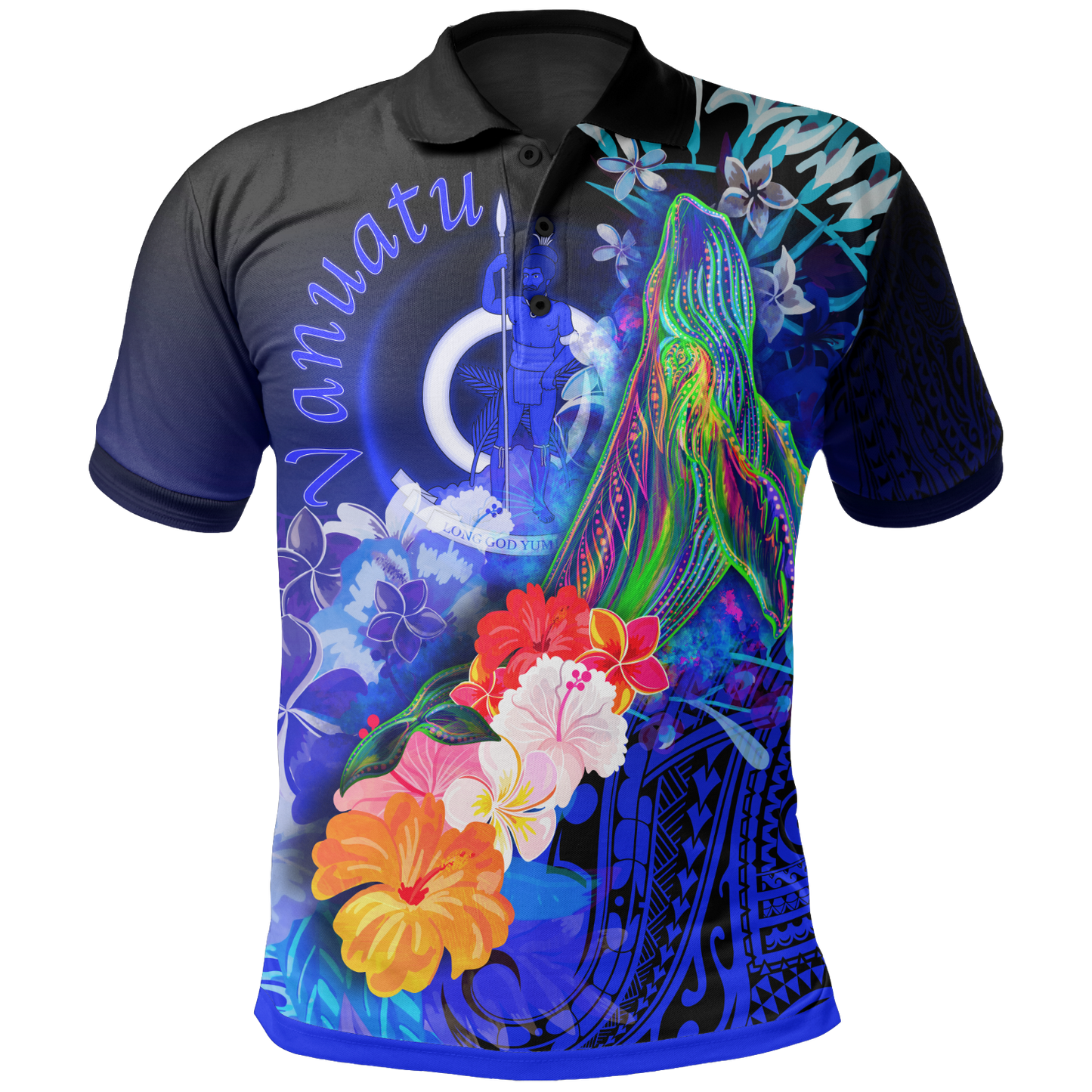 Vanuatu Polo Shirts - Humpback Whale with Tropical Flowers Blue