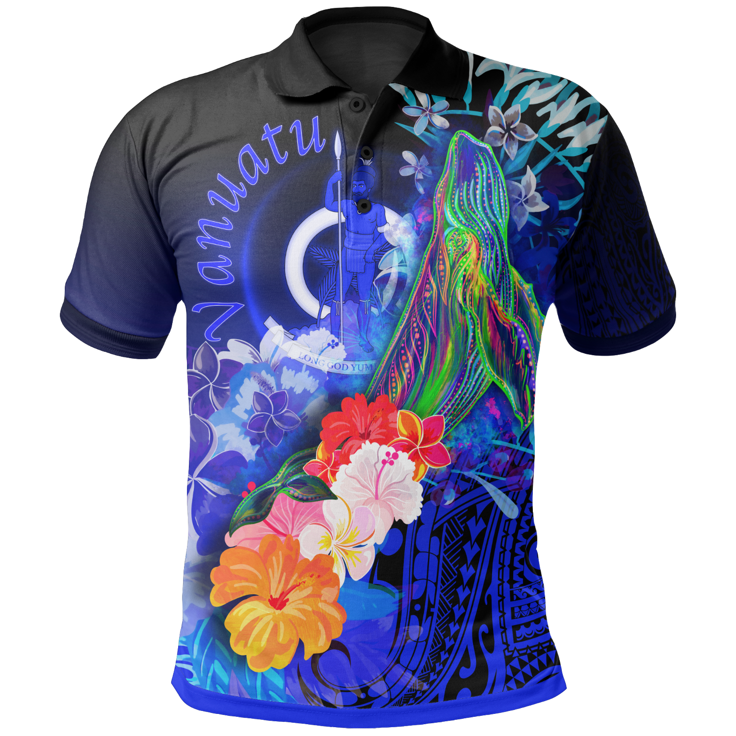 Vanuatu Polo Shirts - Humpback Whale with Tropical Flowers Blue