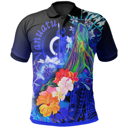 Vanuatu Polo Shirts - Humpback Whale with Tropical Flowers Blue