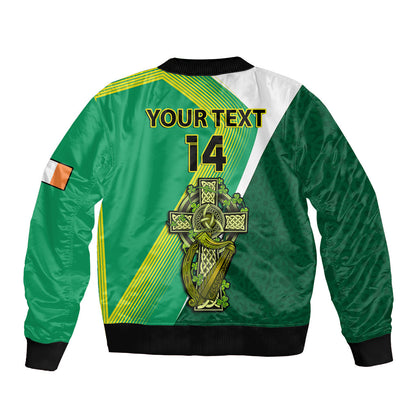 (Custom Text And Number) Ireland Rugby 7s Celtic Cross Shamrock Sleeve Zip Bomber Jacket