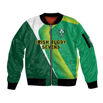 (Custom Text And Number) Ireland Rugby 7s Celtic Cross Shamrock Sleeve Zip Bomber Jacket