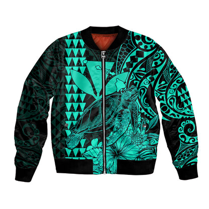Kakau Polynesian Tribal Hawaiian Turtle with Kanaka Maoli Turquoise Bomber Jacket