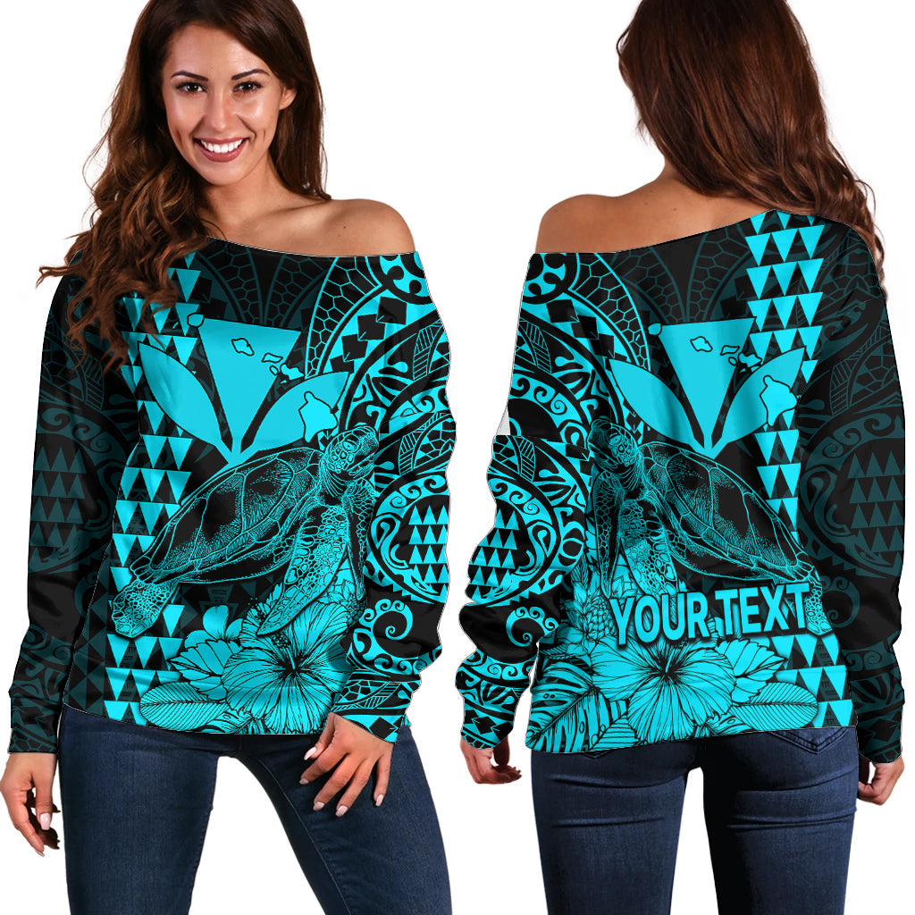 (Custom Personalised) Kakau Polynesian Tribal Hawaiian Turtle with Kanaka Maoli Teal Off Shoulder Sweater