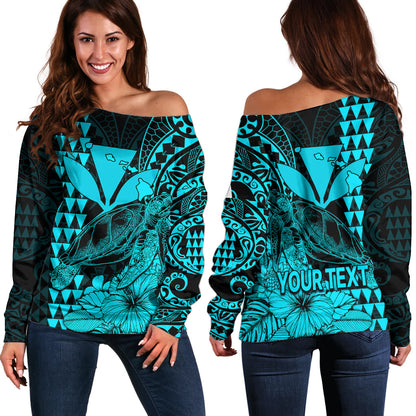 (Custom Personalised) Kakau Polynesian Tribal Hawaiian Turtle with Kanaka Maoli Teal Off Shoulder Sweater