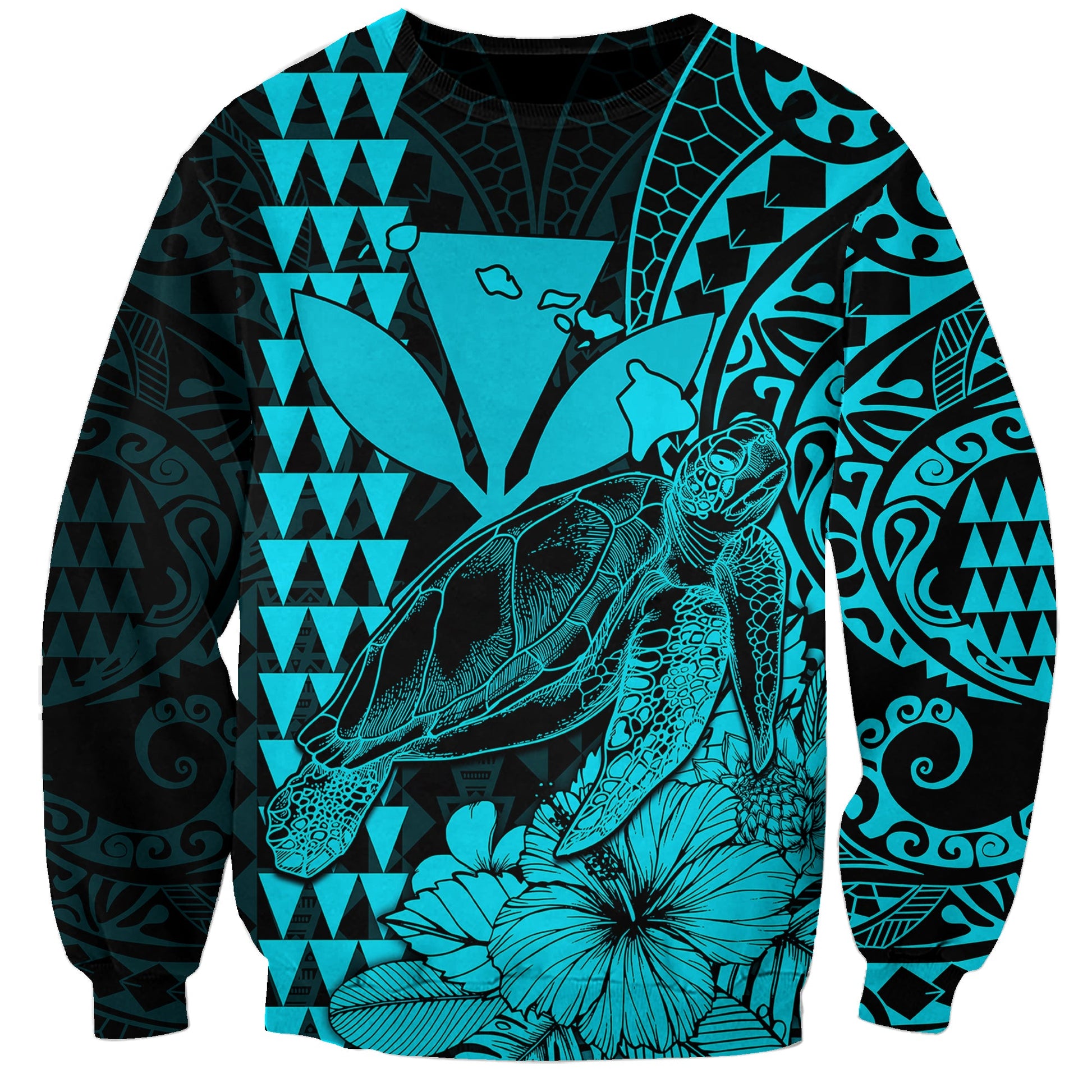 Custom Personalised Kakau Polynesian Tribal Hawaiian Turtle with Kanaka Maoli Teal Sweatshirt
