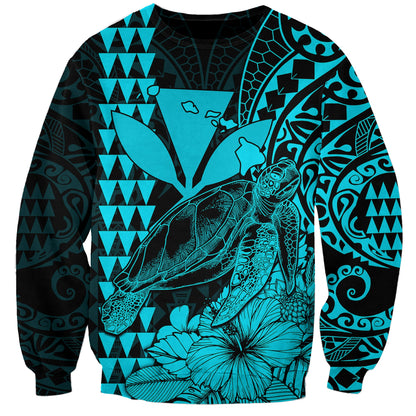 Custom Personalised Kakau Polynesian Tribal Hawaiian Turtle with Kanaka Maoli Teal Sweatshirt