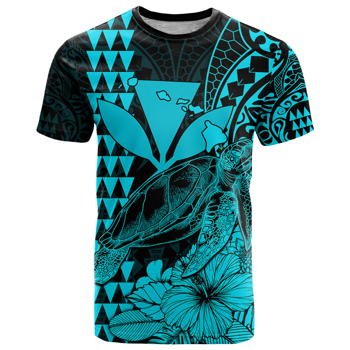 Custom Personalised Kakau Polynesian Tribal Hawaiian Turtle With Kanaka Maoli Teal T Shirt