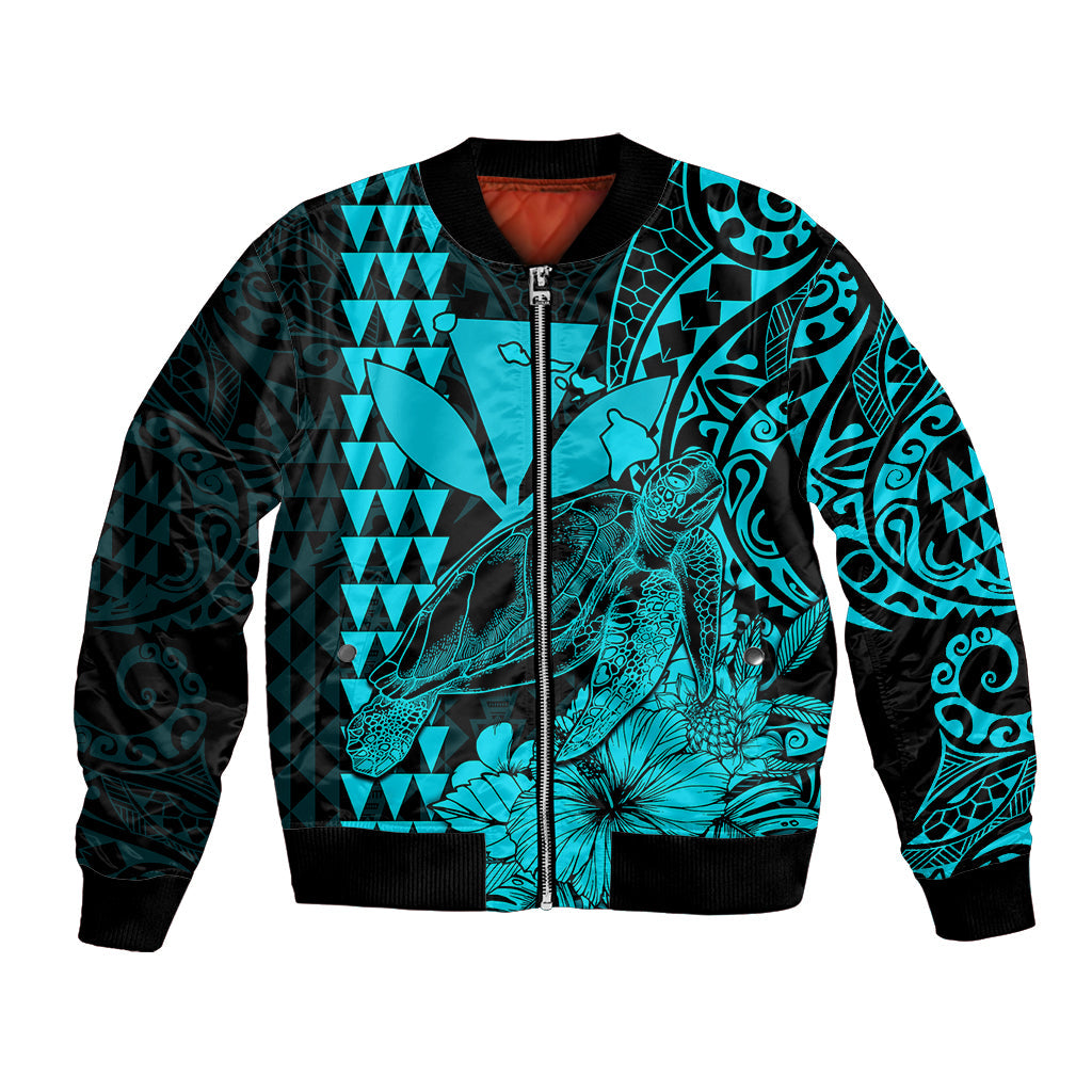 (Custom Personalised) Kakau Polynesian Tribal Hawaiian Turtle with Kanaka Maoli Teal Bomber Jacket
