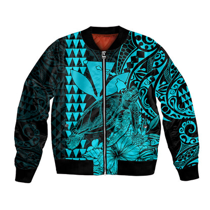 (Custom Personalised) Kakau Polynesian Tribal Hawaiian Turtle with Kanaka Maoli Teal Bomber Jacket
