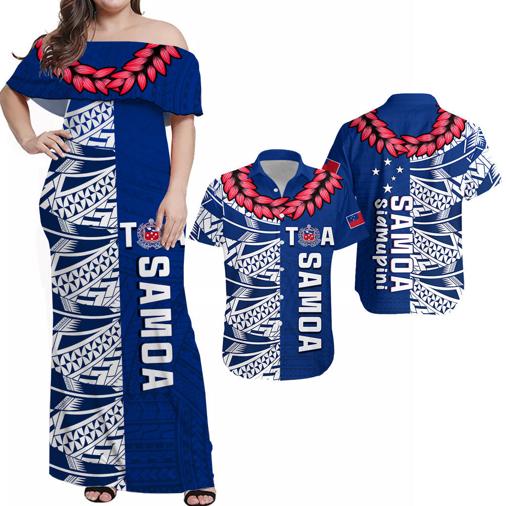 Matching Outfits For Couples Toa Samoa Rugby Combo Dress and Hawaiian Shirt Siamupini Ula Fala Blue
