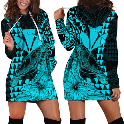 Kakau Polynesian Tribal Hawaiian Turtle with Kanaka Maoli Teal Hoodie Dress