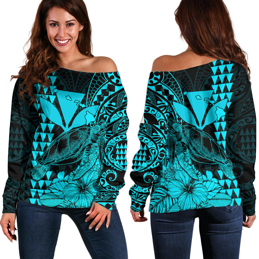 Kakau Polynesian Tribal Hawaiian Turtle with Kanaka Maoli Teal Off Shoulder Sweater
