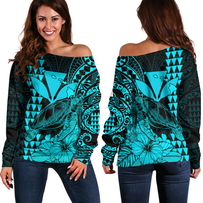Kakau Polynesian Tribal Hawaiian Turtle with Kanaka Maoli Teal Off Shoulder Sweater