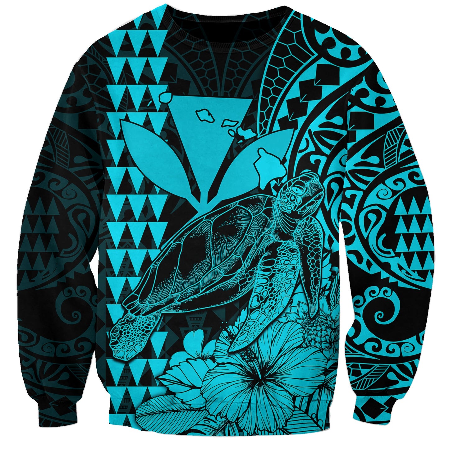 Kakau Polynesian Tribal Hawaiian Turtle with Kanaka Maoli Teal Sweatshirt