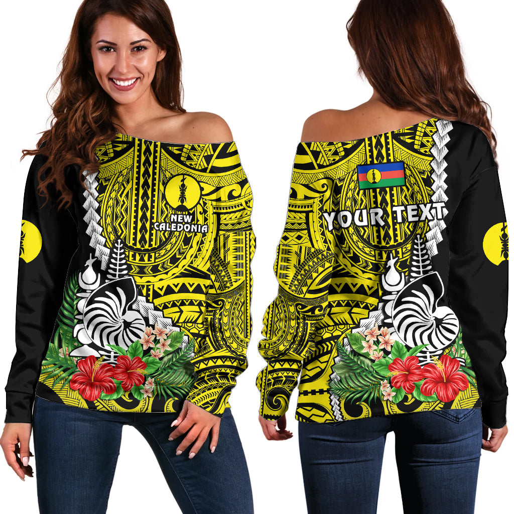 (Custom Personalised) New Caledonia Polynesian Coat Of Arms Mix Tropical Flowers Off Shoulder Sweater