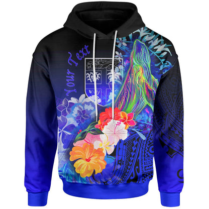 Custom Text Fiji Custom Personalised Hoodie Humpback Whale with Tropical Flowers Blue