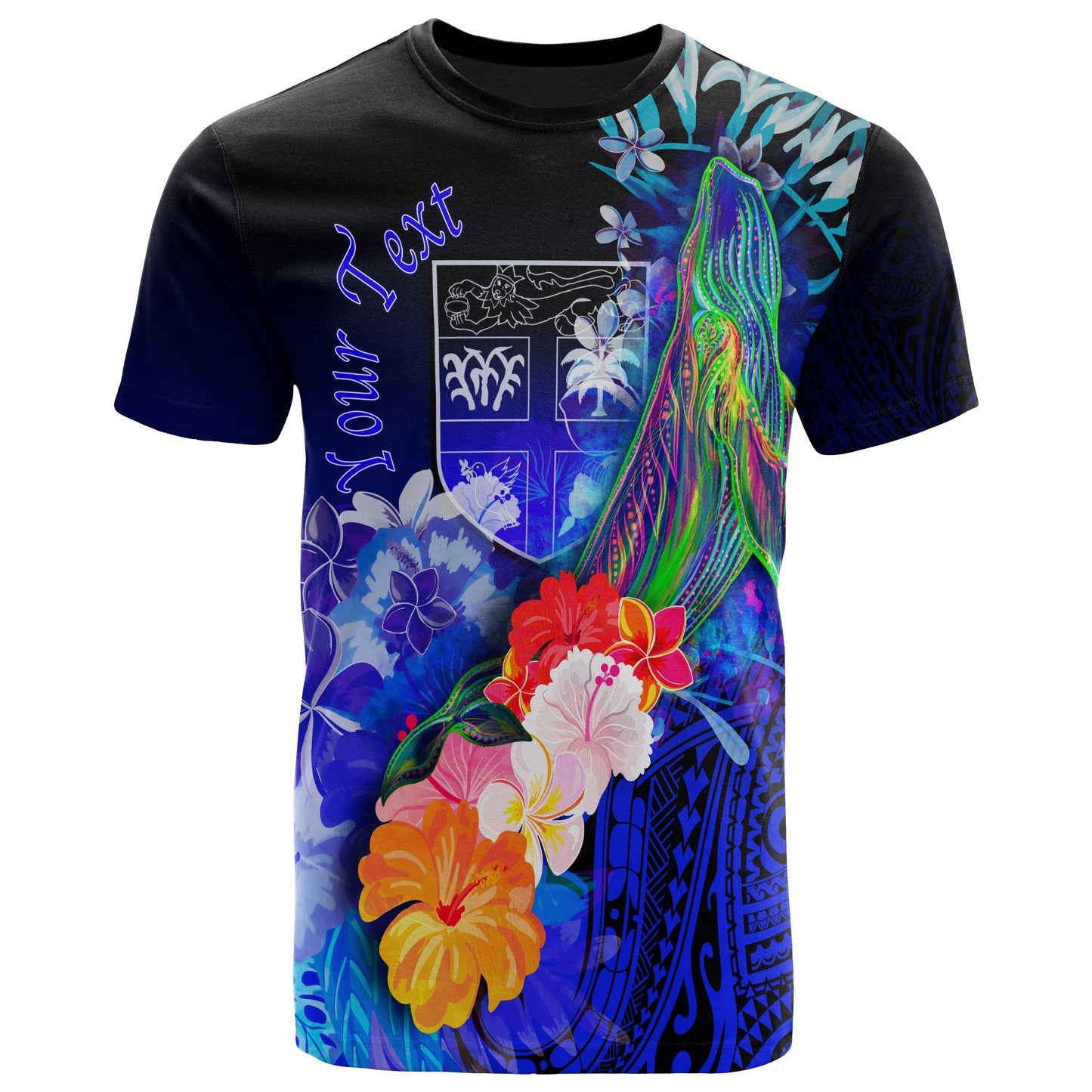 Fiji Custom Personalised T Shirts Humpback Whale with Tropical Flowers (Blue)
