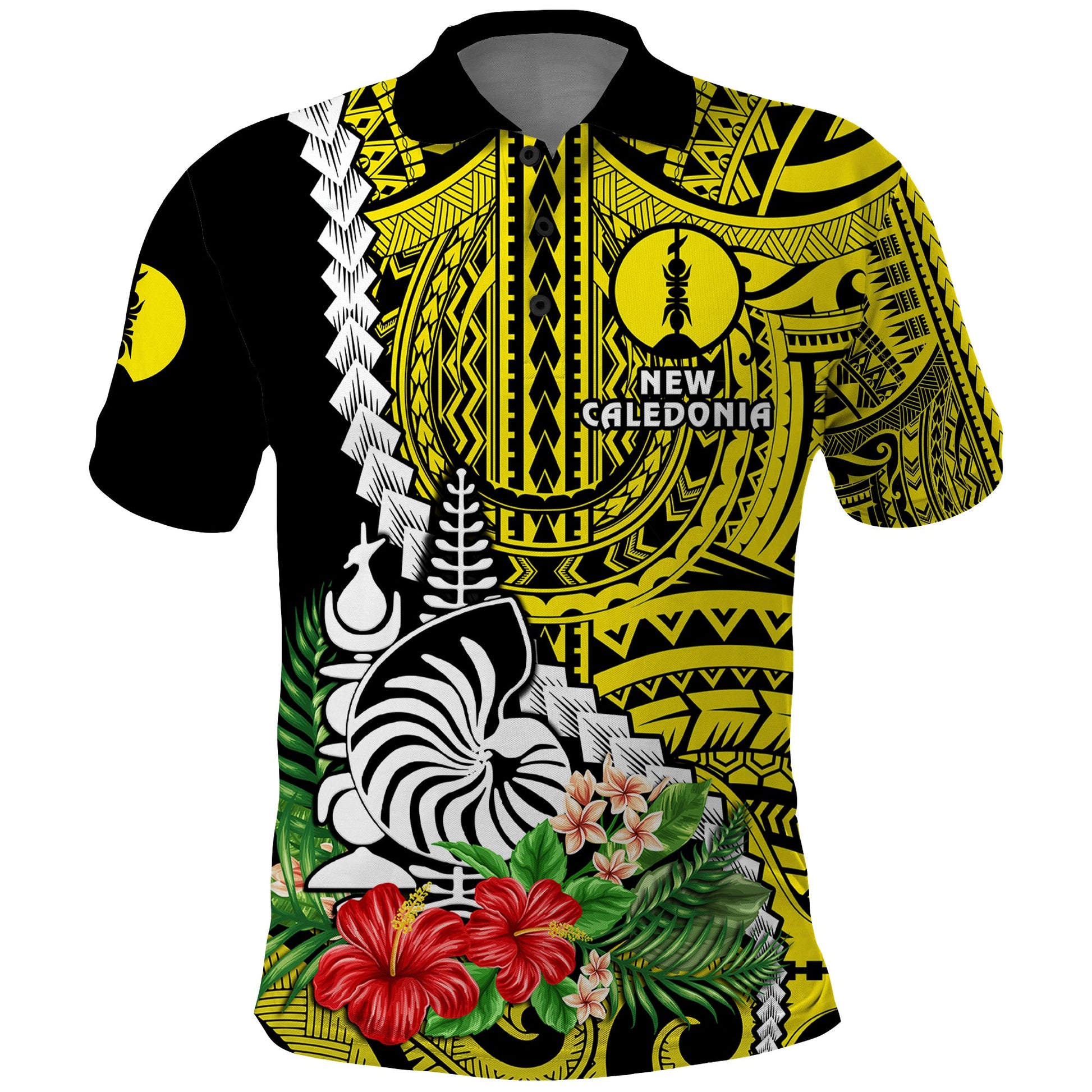 New Caledonia Polynesian Coat Of Arms Mix Tropical Flowers Polo Shirt