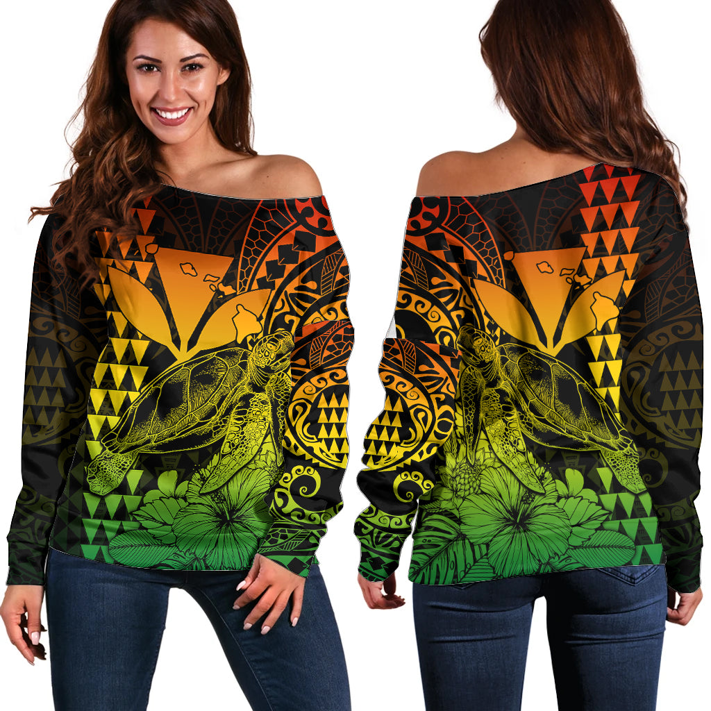 Kakau Polynesian Tribal Hawaiian Turtle with Kanaka Maoli Reggae Off Shoulder Sweater