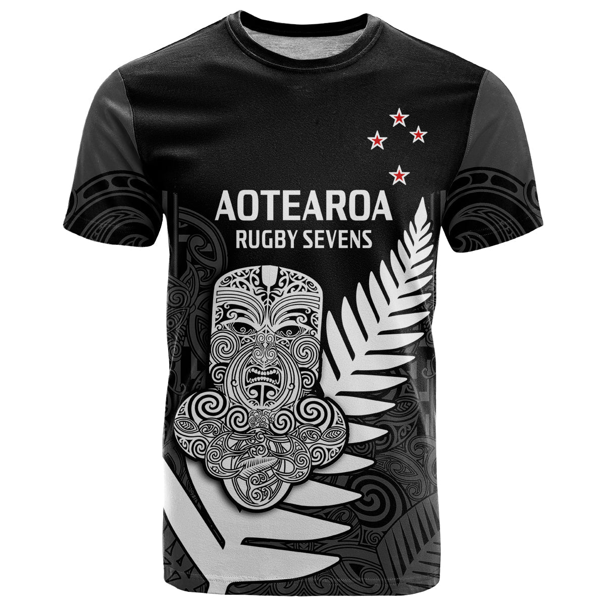 (Custom Text And Number) Aotearoa Rugby Sevens All Black Tiki Fern T Shirt