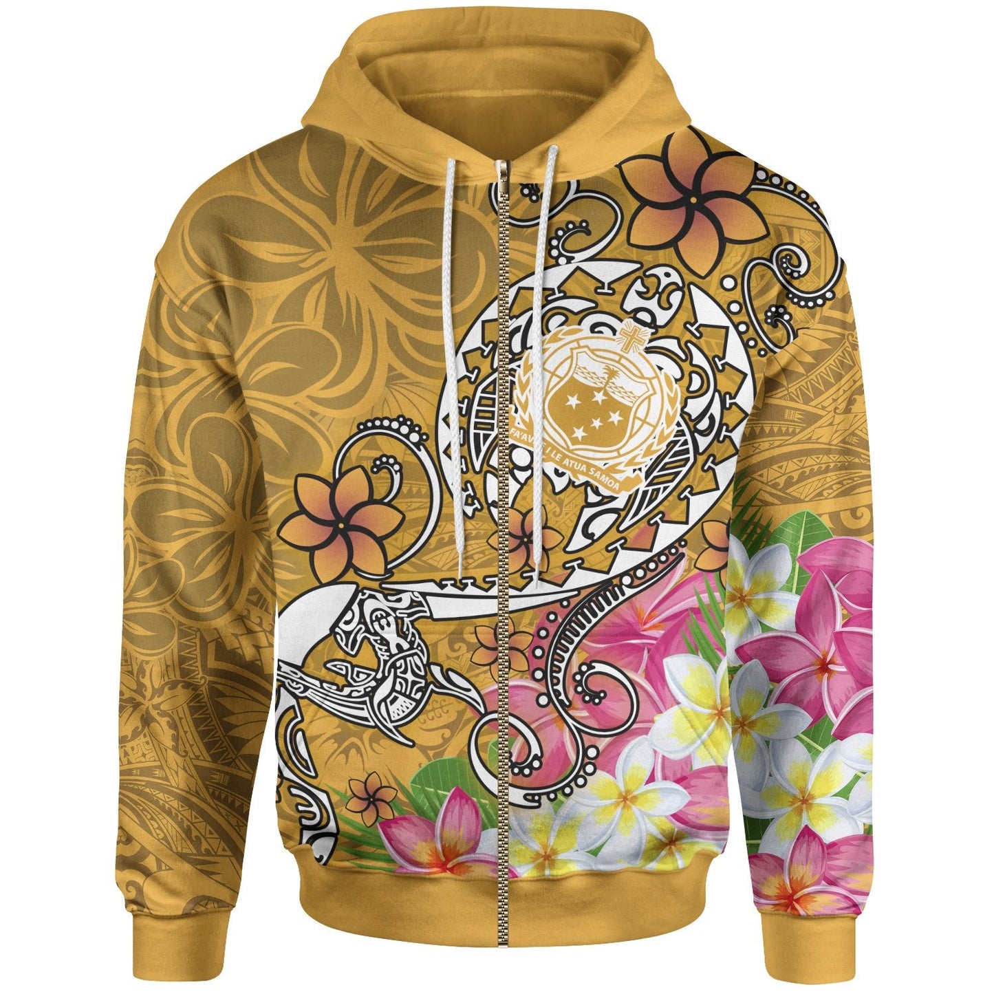 Samoa Zip Up Hoodie Turtle Plumeria Gold