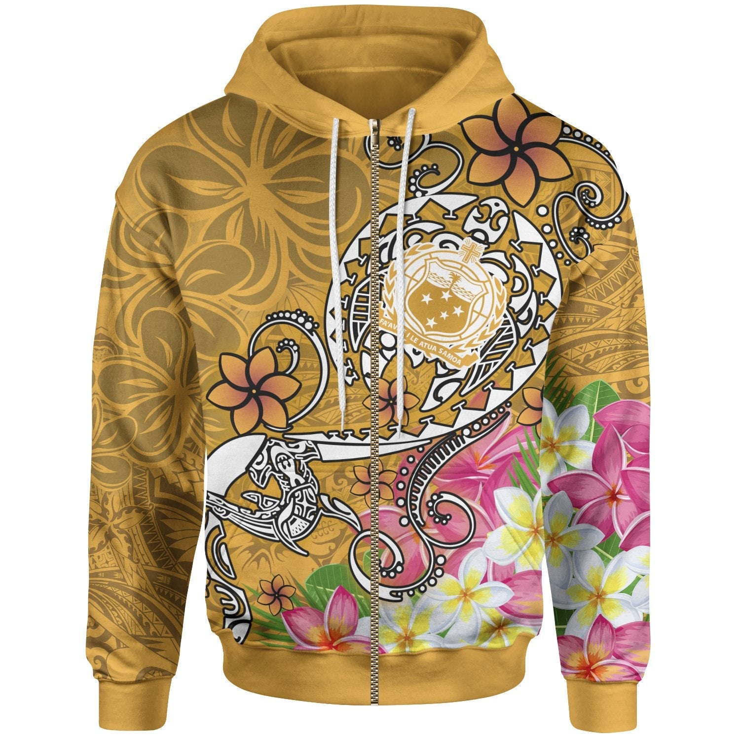 Samoa Zip Up Hoodie Turtle Plumeria Gold