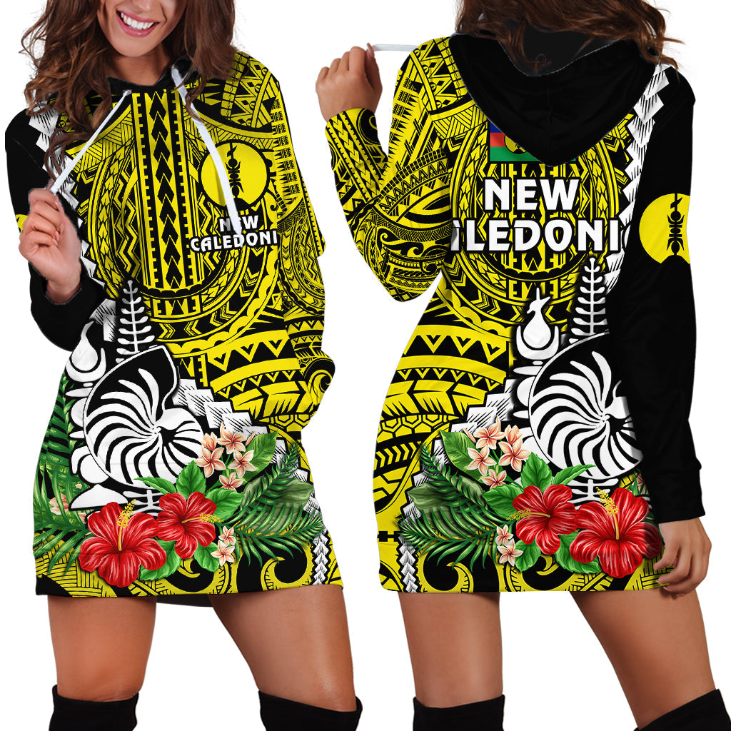 New Caledonia Polynesian Coat Of Arms Mix Tropical Flowers Hoodie Dress