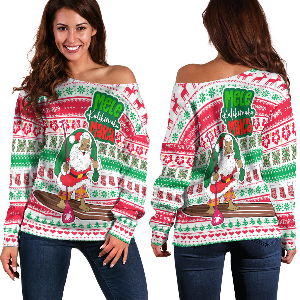 Hawaiian Christmas Women Off Shoulder Sweater Santa Surfing Ugly Christmas