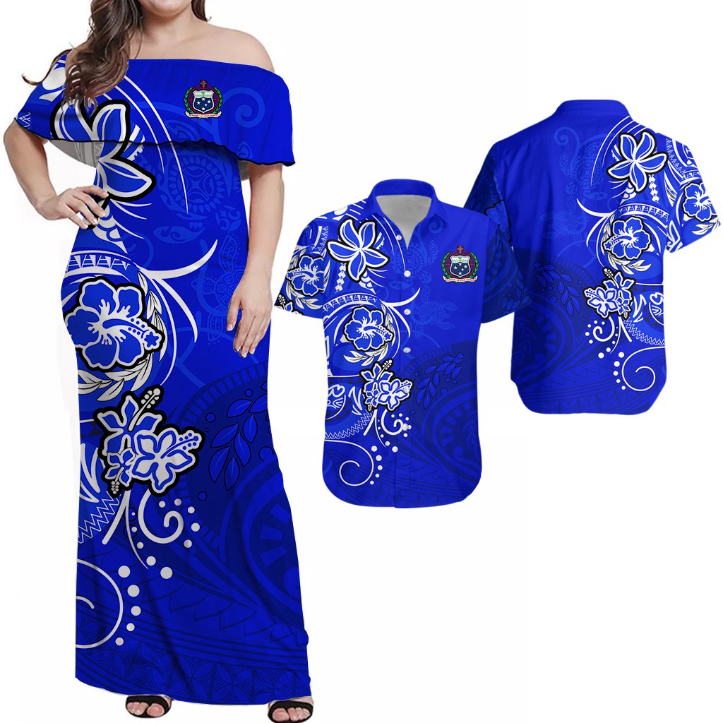 Matching Clothes For Couples Samoa Combo Dress and Hawaiian Shirt Be Unique Blue