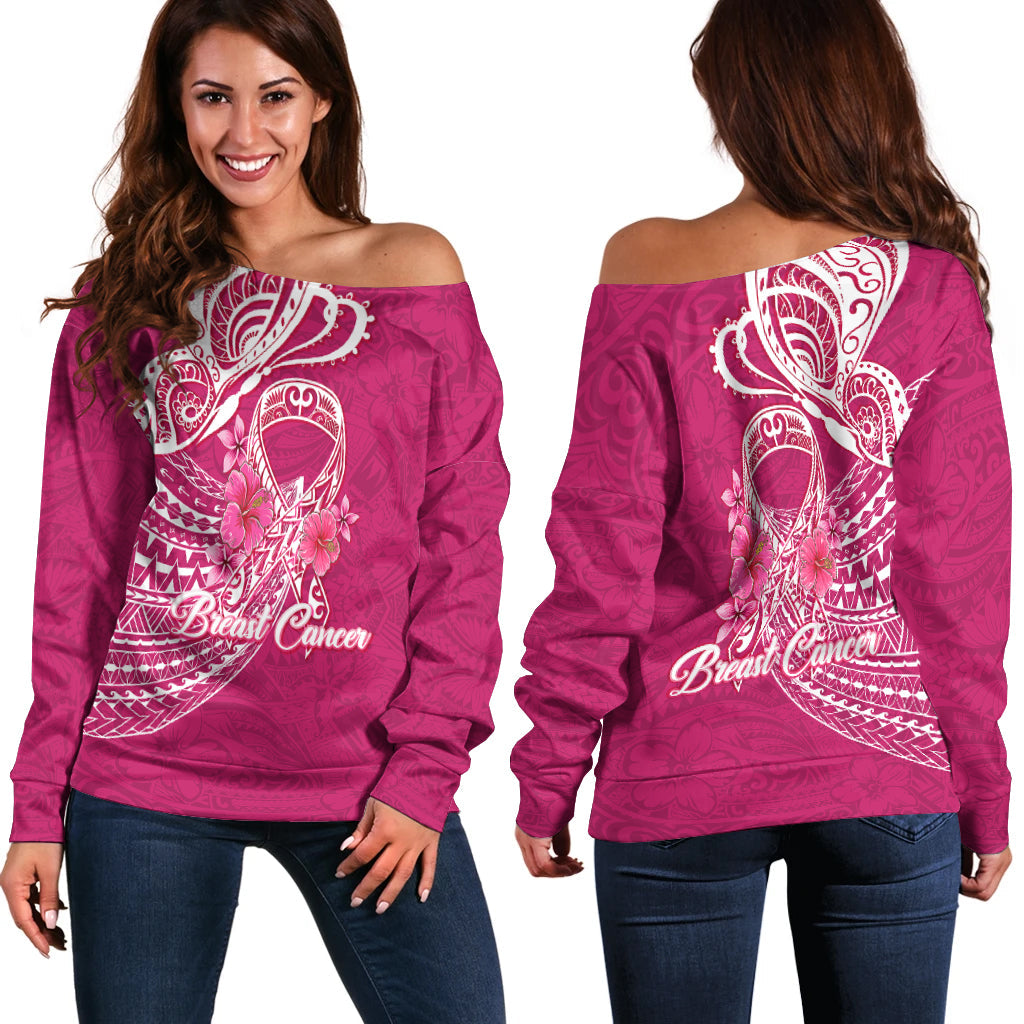 Breast Cancer Pink Ribbon Butterfly Polynesian Pink Version Women Off Shoulder Sweater