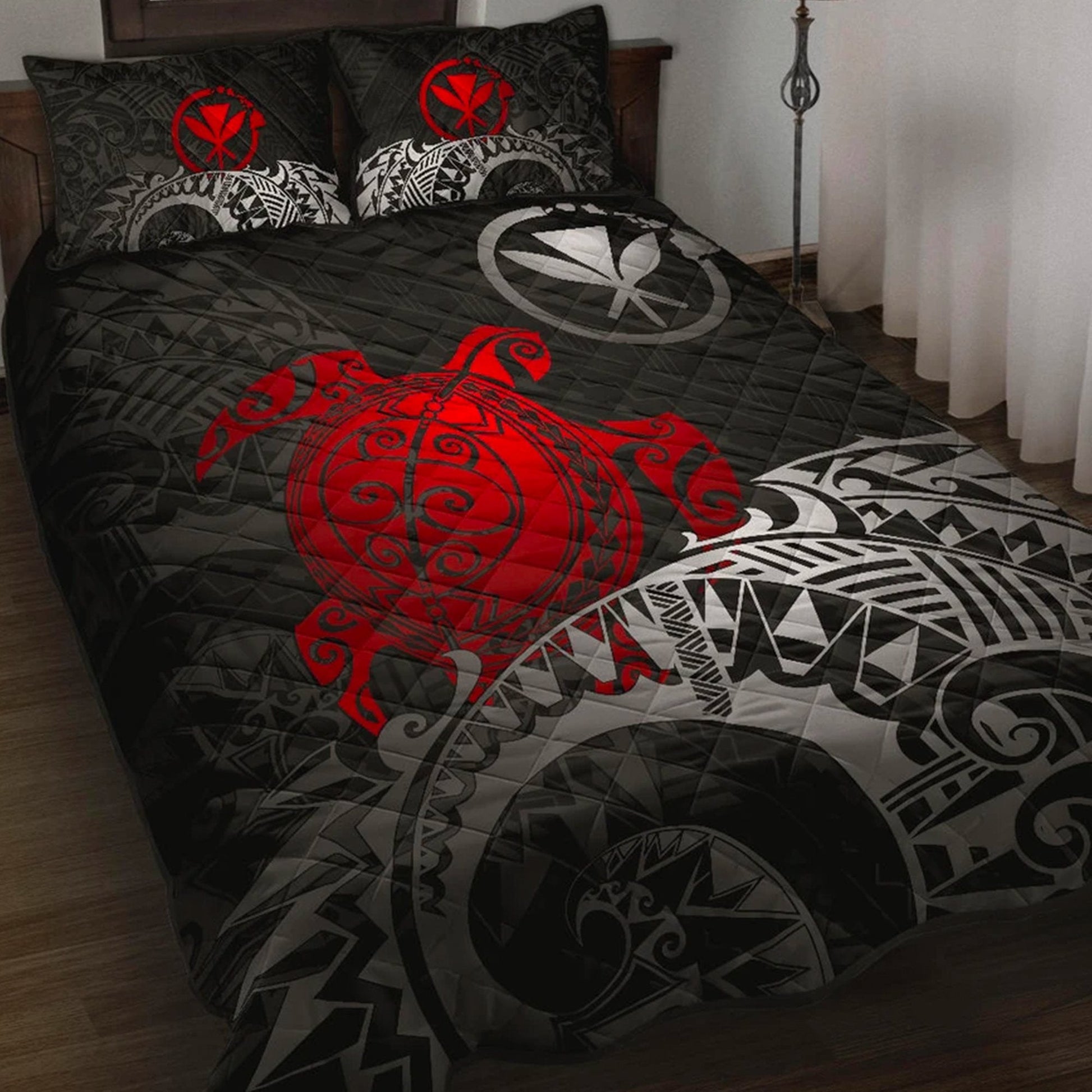 Hawaii Polynesian Quilt Bed Set Hawaii Kanana Maoli & Red Turtle