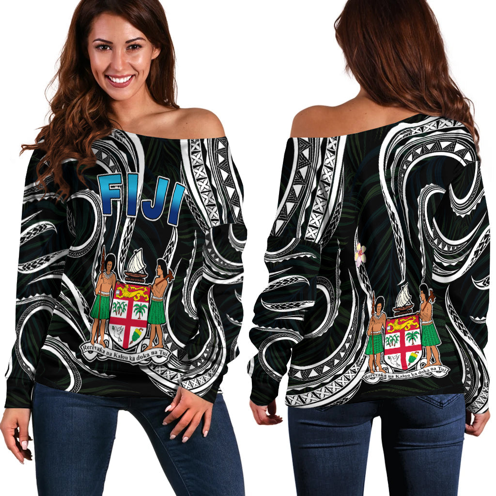 Fiji Coat of Arms Off Shoulder Sweater Polynesian mix Coconut Pattern