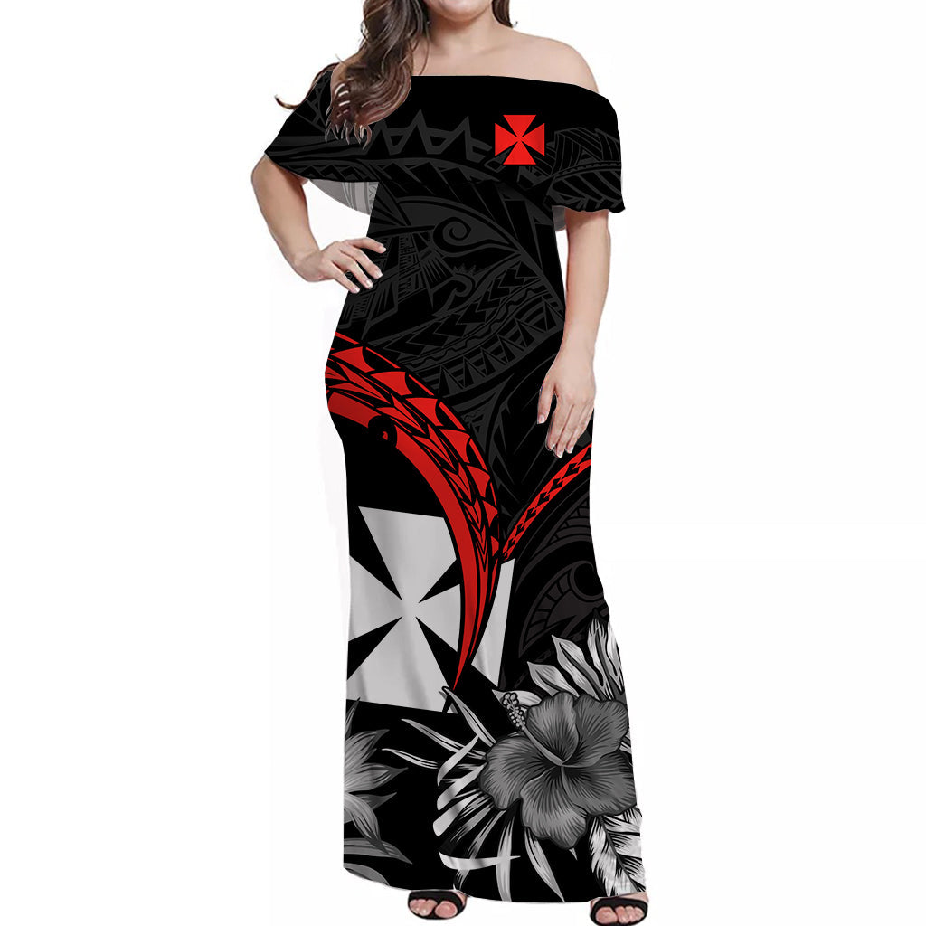 Wallis et Futuna Off Shoulder Long Dress Polynesian Pattern and Hibiscus Flowers Version Black